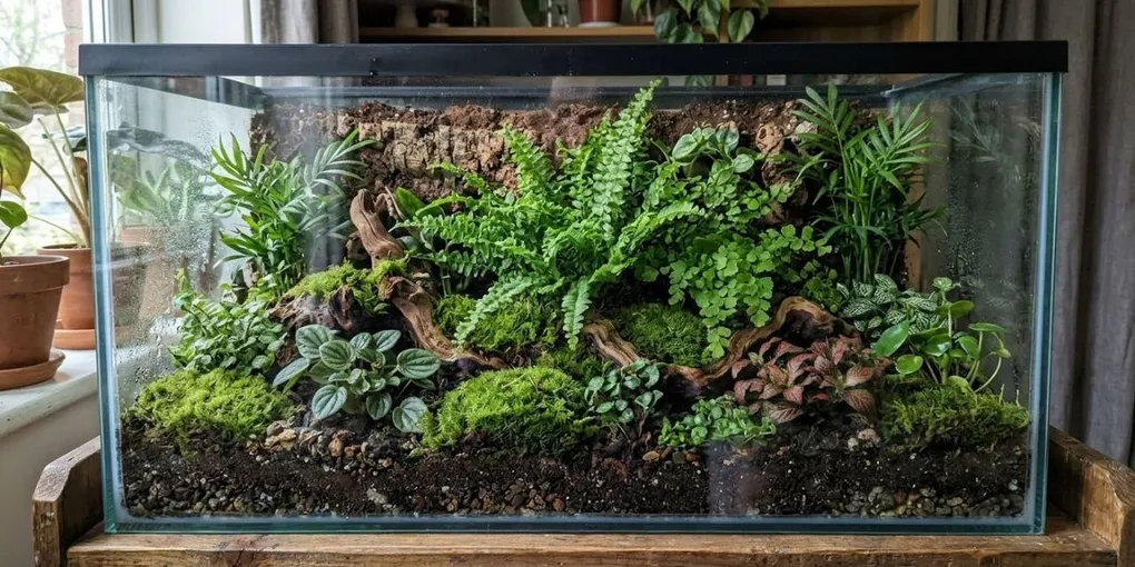 Terrario de cristal con helechos, musgo y plantas de interior sobre una mesa de madera